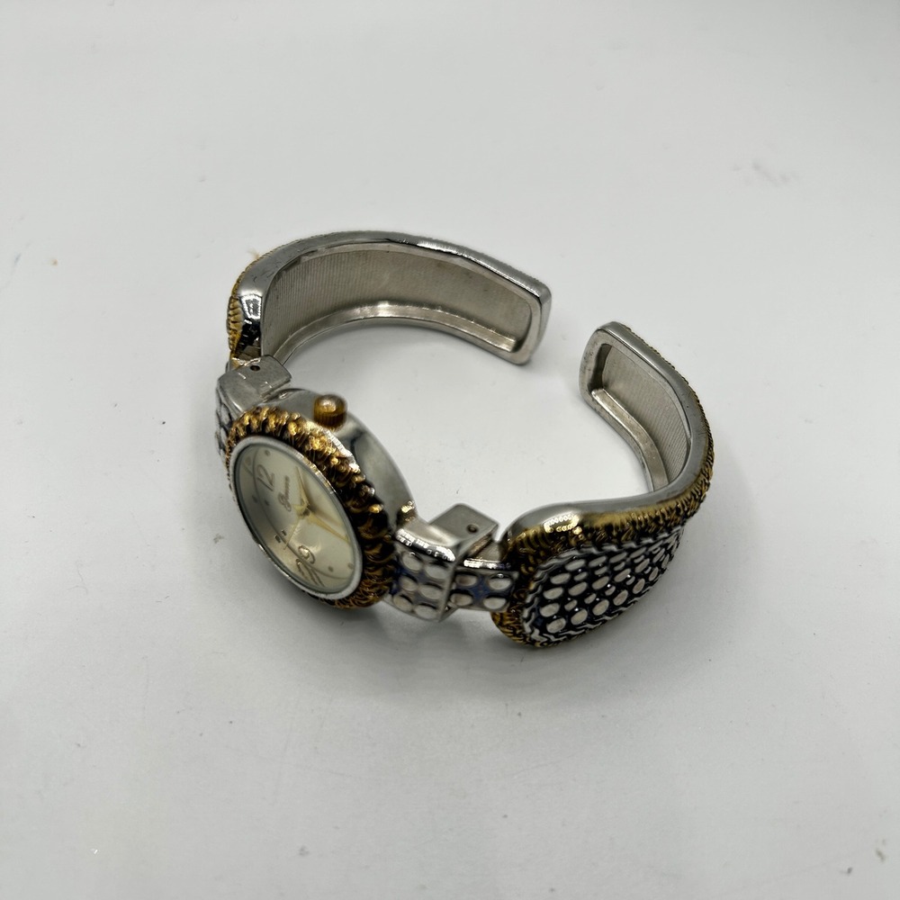 Geneva Cuff Watch Womens Two-Tone Silver Gold Textured Bangle Japan Movt Good